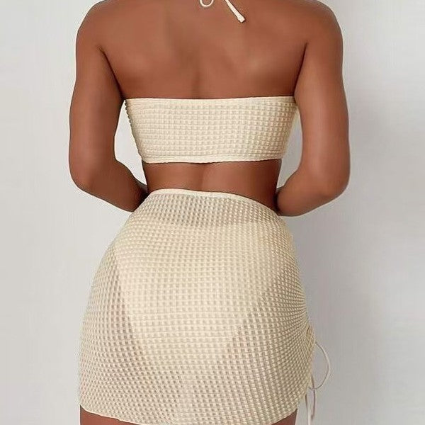 Solid Color Halter Neck Sexy Swimsuit Skirt Three Piece Separate Bikini Swimwear