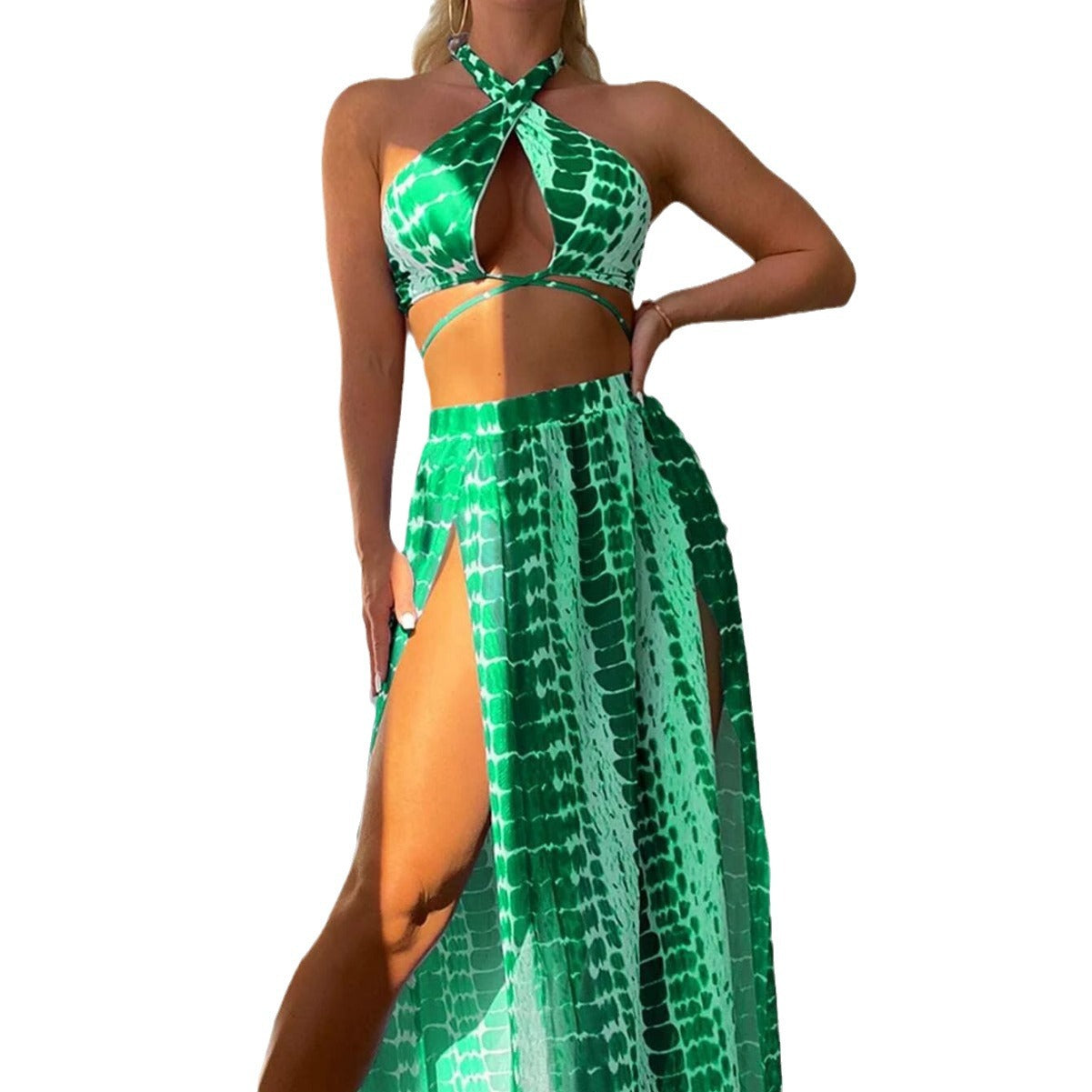 Sexy Printed Two Piece Swimsuit for Women with Split Bikini Three Piece Set