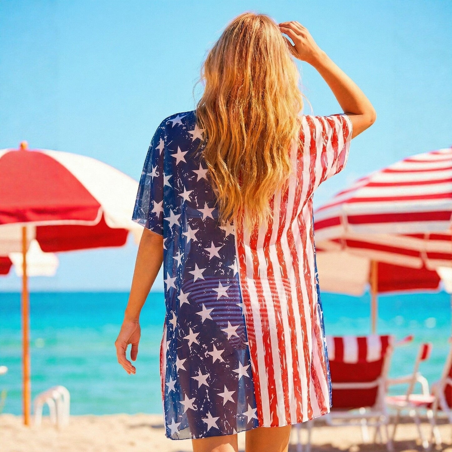 American Flag Style Three-Piece Swimsuit Women's Bikini with Sunscreen Cover Up Beach Vacation Swimwear