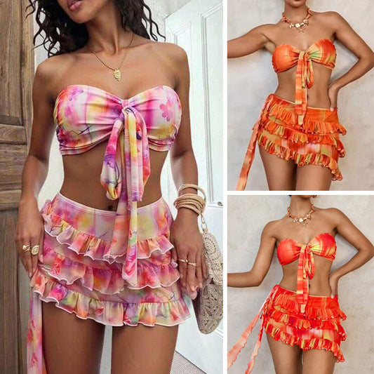 Two women wearing colorful bikini sets with ruffled skirts in a collage format.