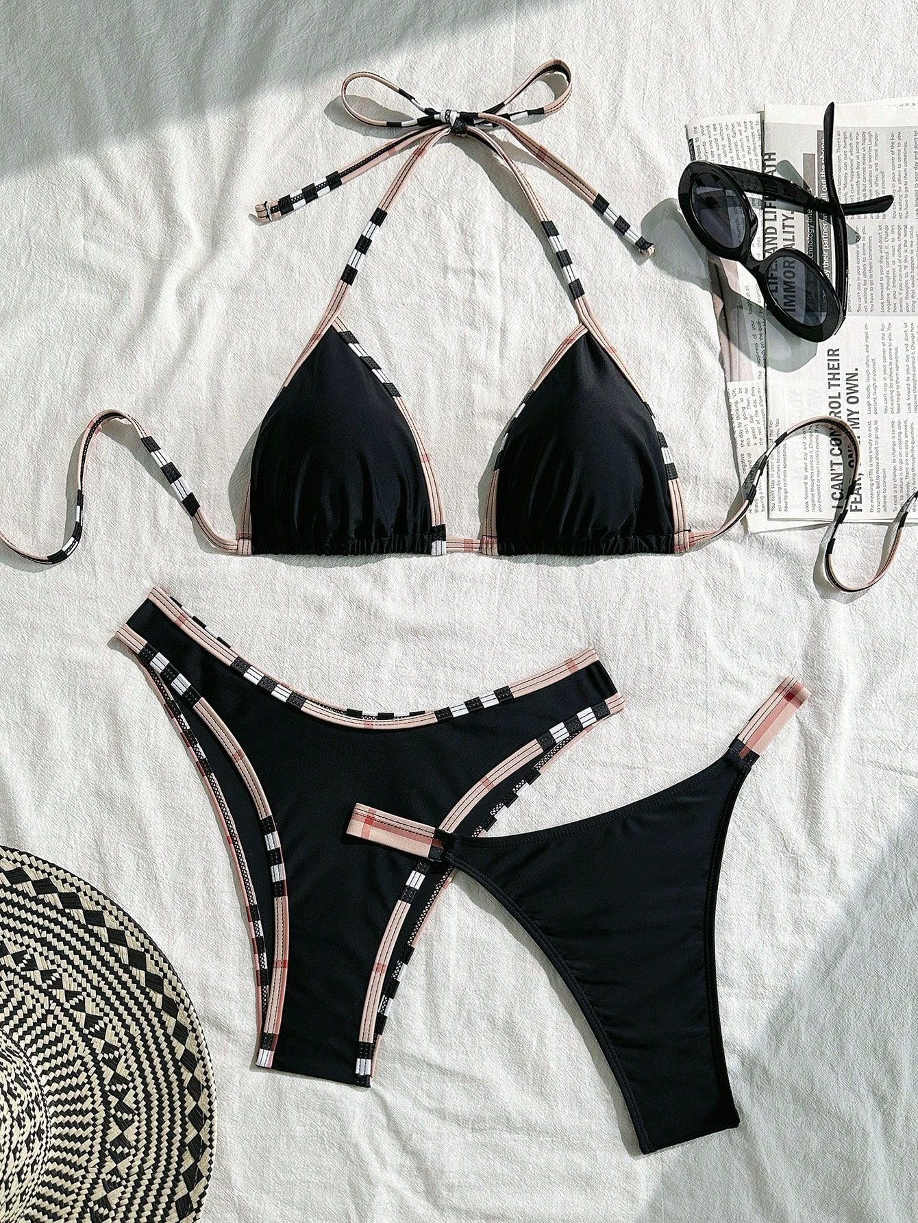 Plaid Trim Black Bikini Three Piece Swimsuit Separate Set Bikini Swimsuit Three Piece