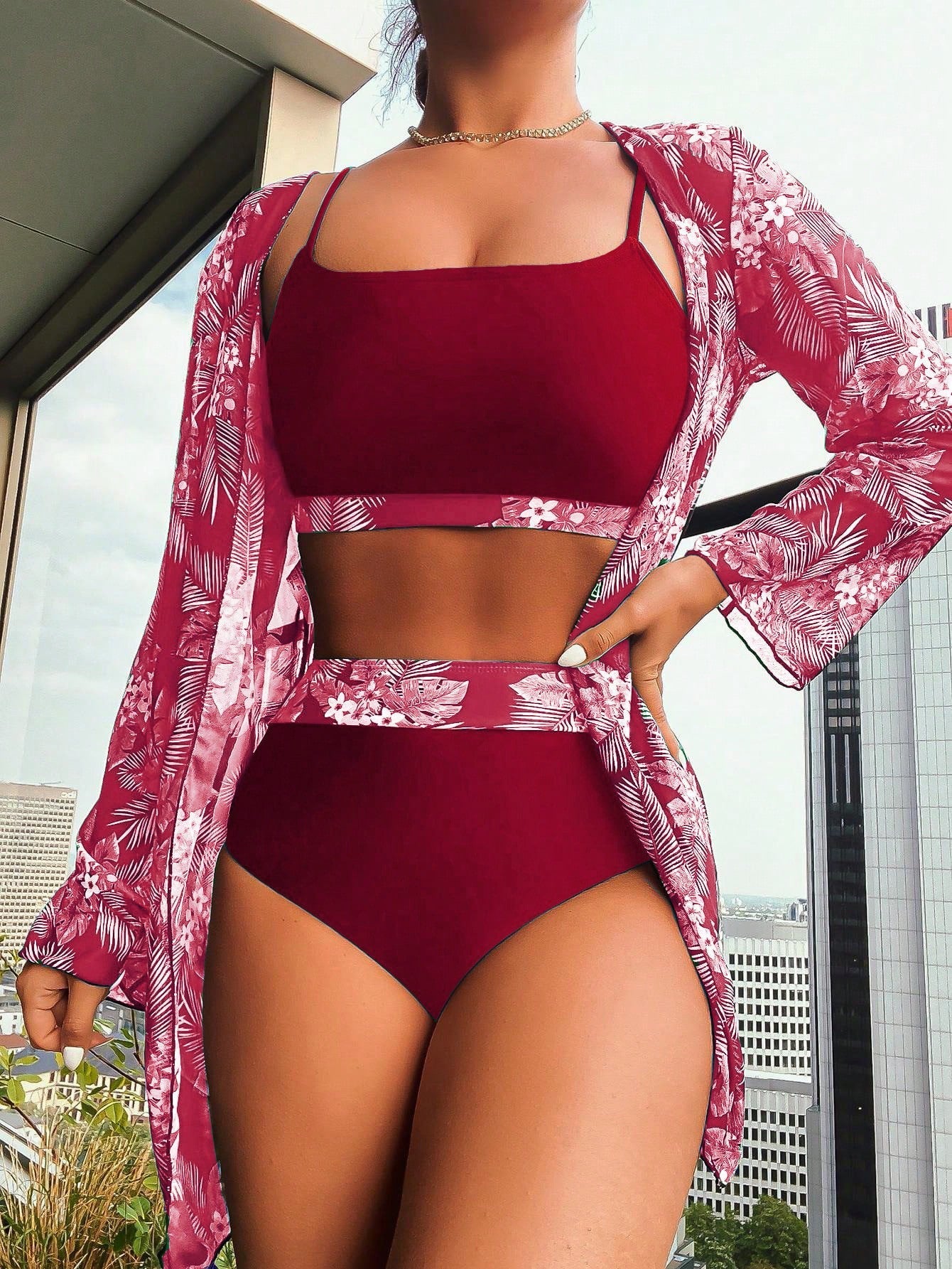 Maple Leaf Print Long Sleeve Patchwork Bikini Three Piece Separate Swimsuit for Women