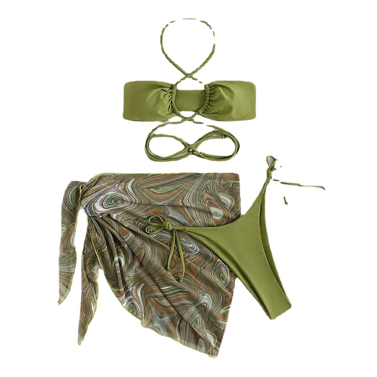 Drawstring Tie Skirt Mesh Three Piece Swimsuit Bikini