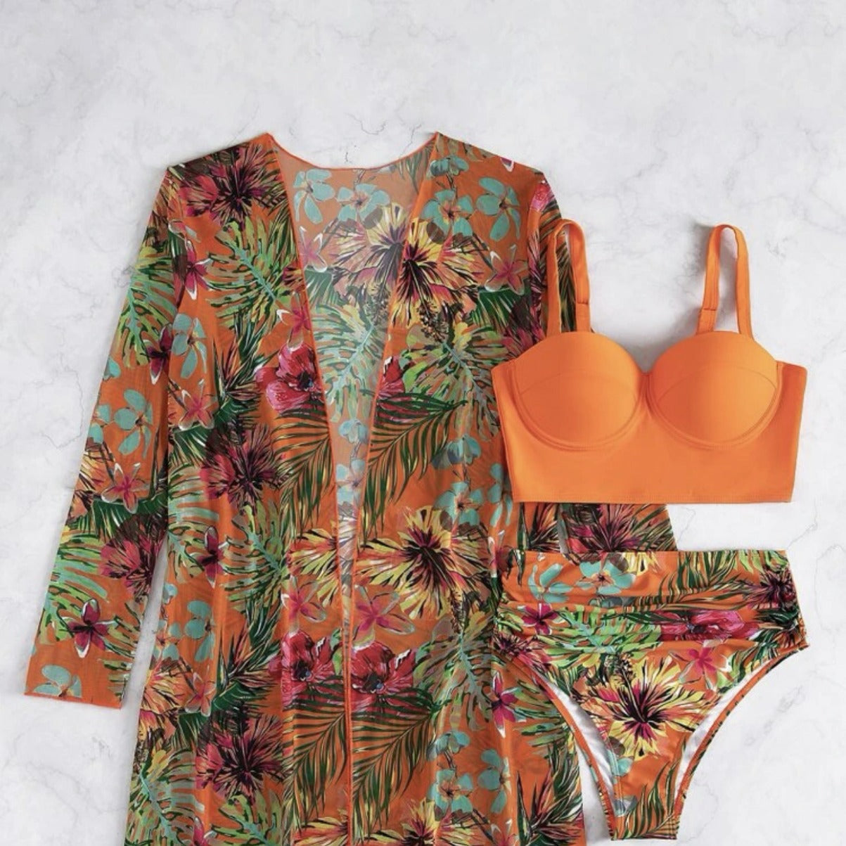 Sexy Mesh Bikini Three Piece Set Push Up Split Printed Swimsuit for Women
