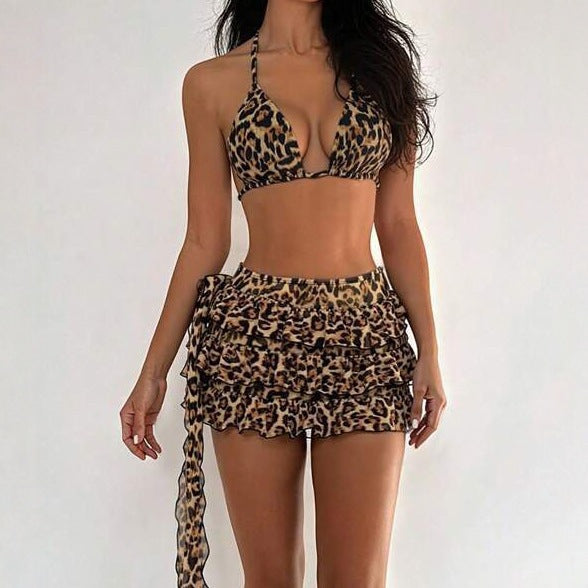Women's Bikini Three Piece Swimsuit Sexy Backless Ruffled Skirt Split Bikini