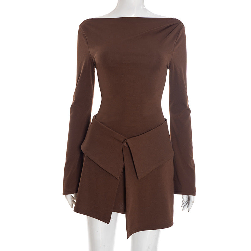 Women Clothing Winter Micro Pull Long Sleeve Short Dress Fold Button Two Piece Overskirt Set