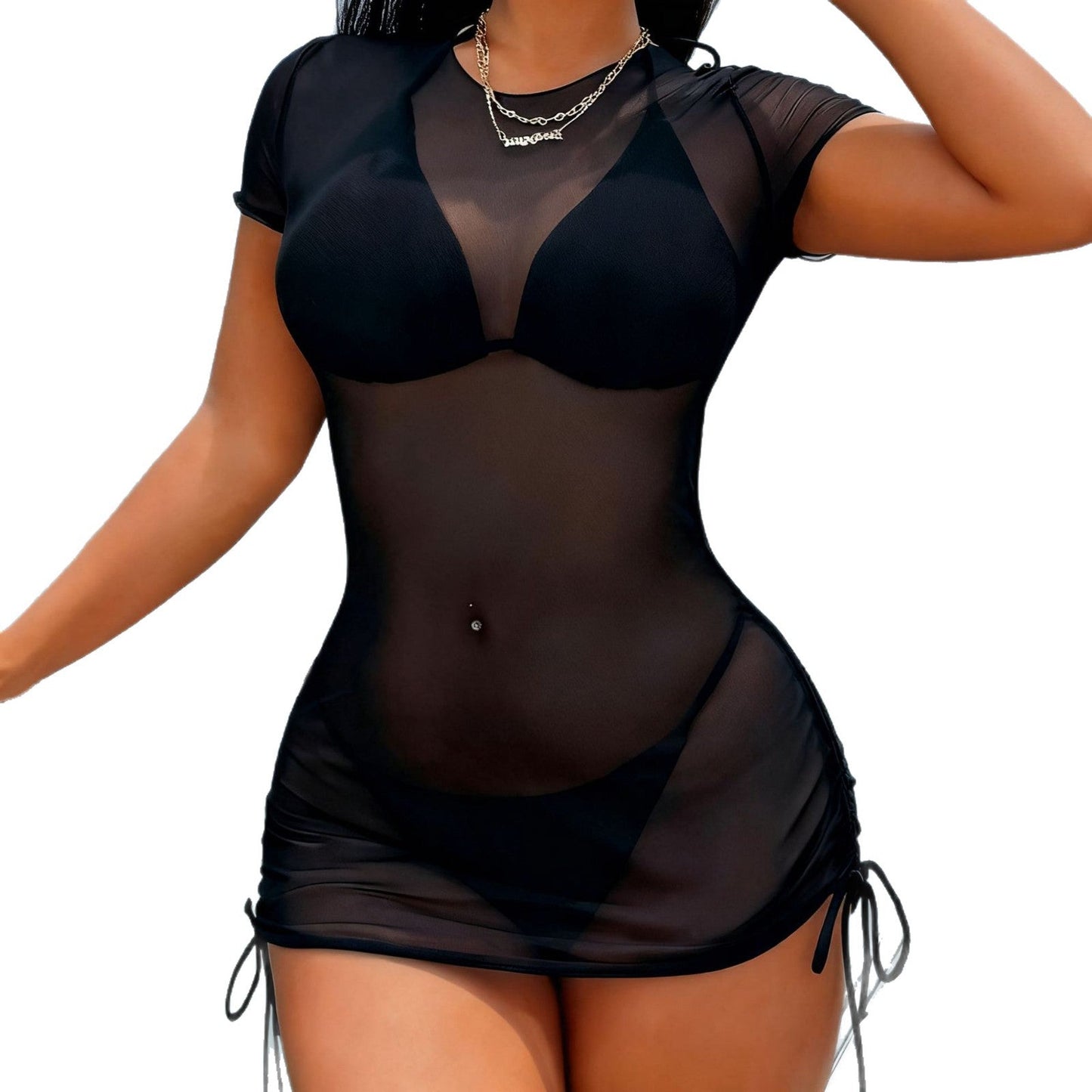 Black Bikini Three Piece Cover Up Mesh Sheer Separated Swimsuit Women's Sexy Pure Desire Style Swimwear