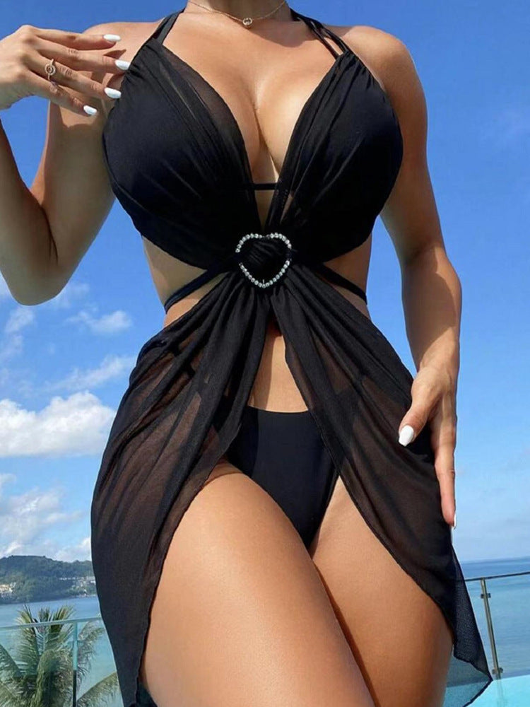 Solid Color Hollow Out Halter Bikini Three Pieces Swimsuit Women's Bikini Swimwear