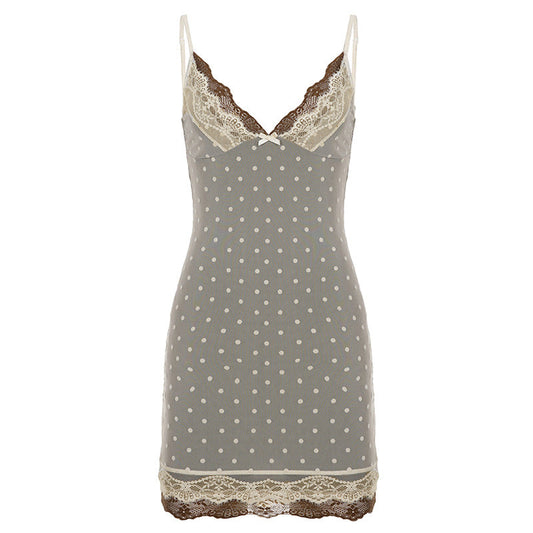Sexy Polka Dot Lace Lace Contrast Color Cami Dress Faux Two Piece Flocking Mesh Dress