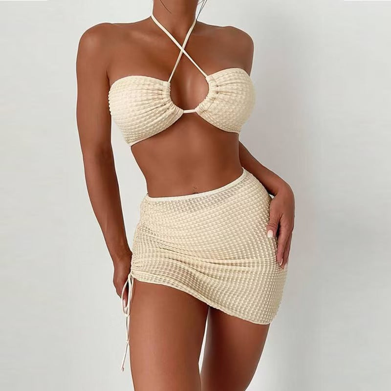 Solid Color Halter Neck Sexy Swimsuit Skirt Three Piece Separate Bikini Swimwear