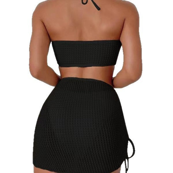 Solid Color Halter Neck Sexy Swimsuit Skirt Three Piece Separate Bikini Swimwear