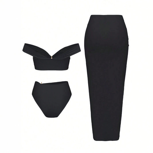 Starfish Three Piece Split Swimsuit Women's Bikini with Long Skirt