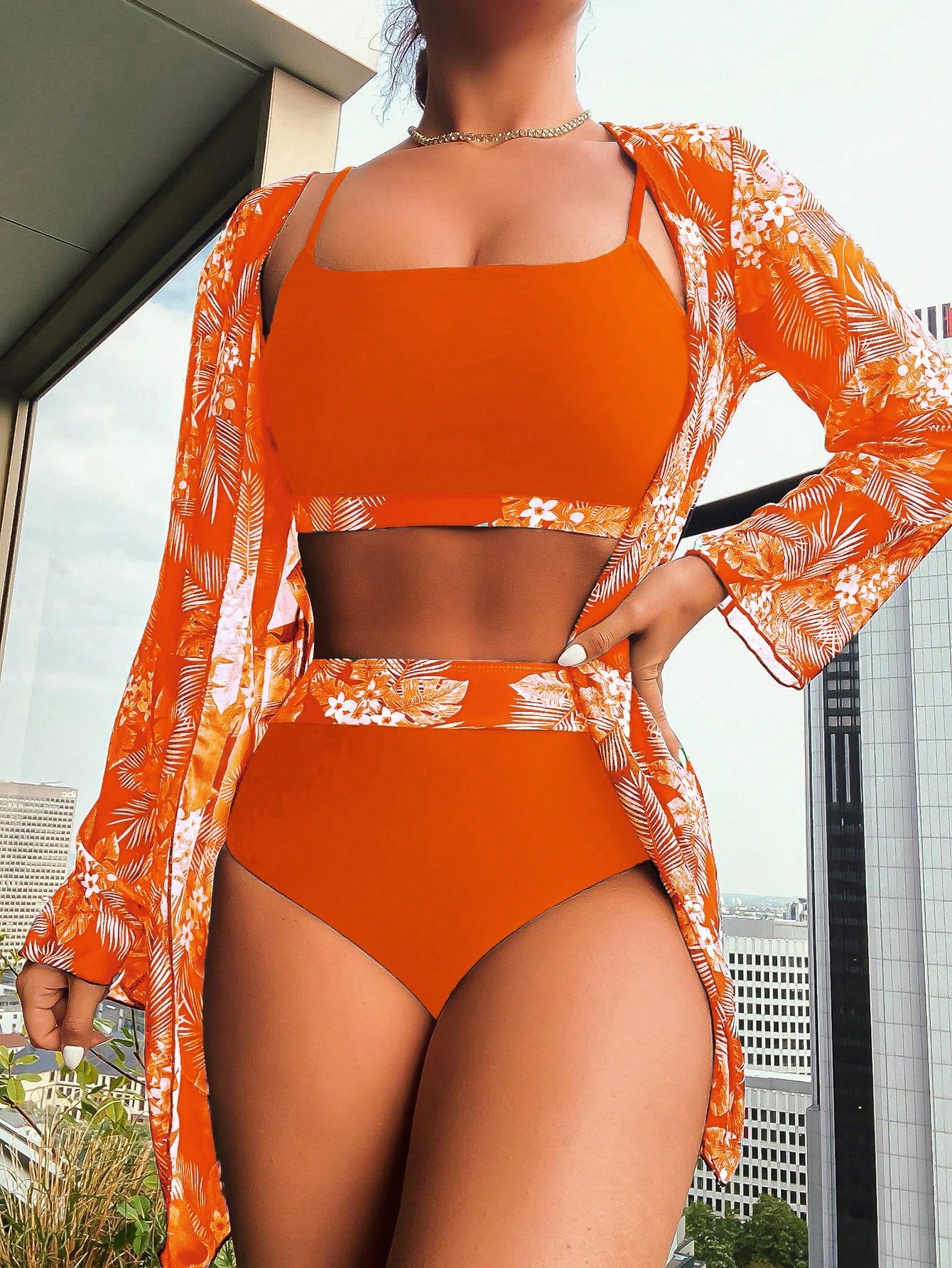 Maple Leaf Print Long Sleeve Patchwork Bikini Three Piece Separate Swimsuit for Women