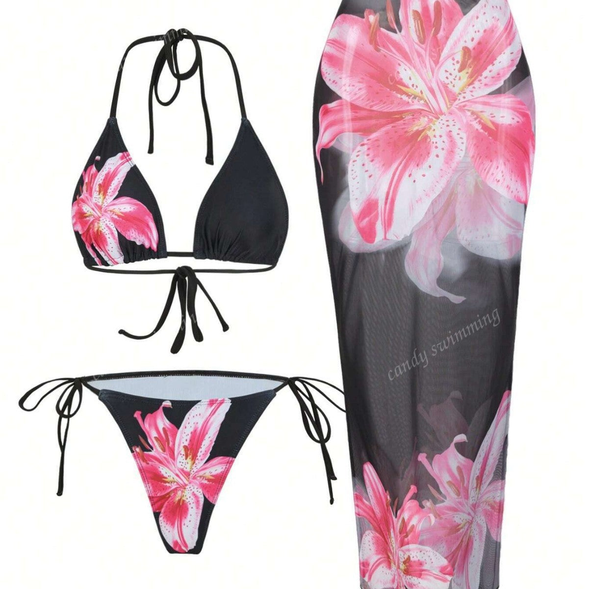 Apron Three Piece Bikini Vintage Print Long Skirt Swimsuit Women's Swimwear