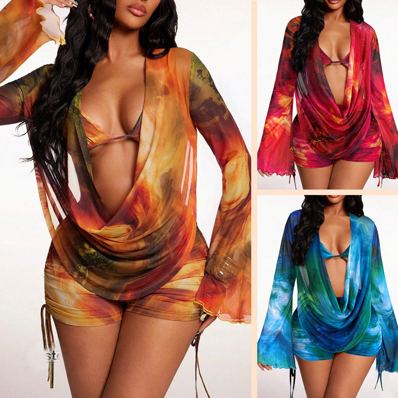 Printed Sexy Long Sleeve Cover Up Bikini Three Piece Swimsuit Boyshorts Slimming Swimwear for Women