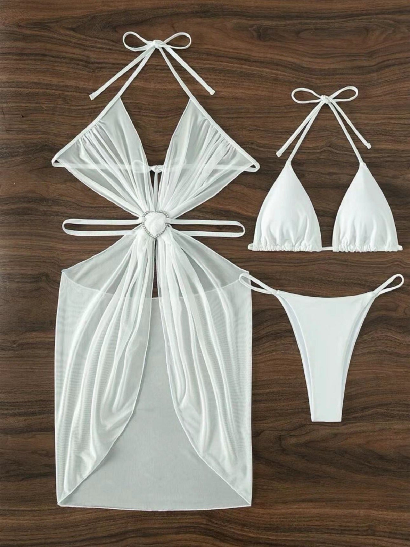 Solid Color Hollow Out Halter Bikini Three Pieces Swimsuit Women's Bikini Swimwear