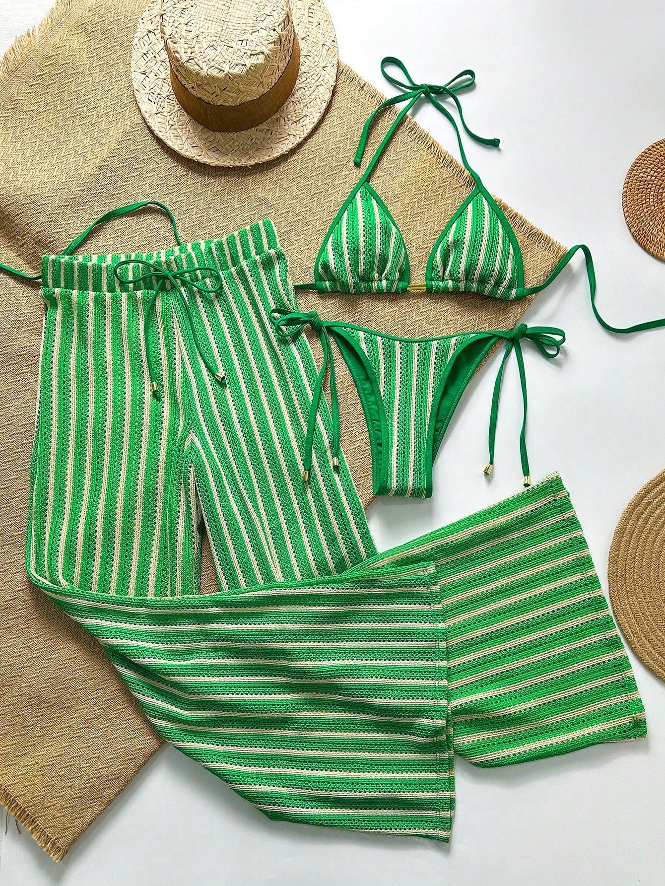 Bikini women's split trousers swimsuit three-piece set popular sexy striped printed swimsuit