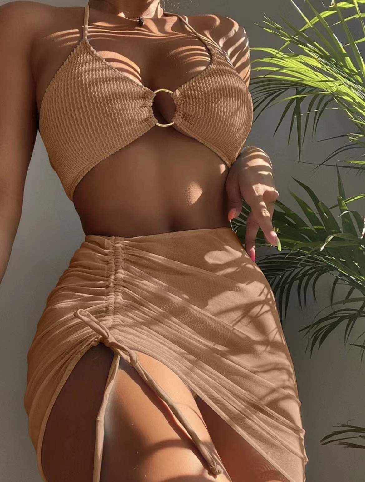 Women's Two-Piece Swimsuit Slim Solid Color Sexy Bikini Halter Three-Piece Set