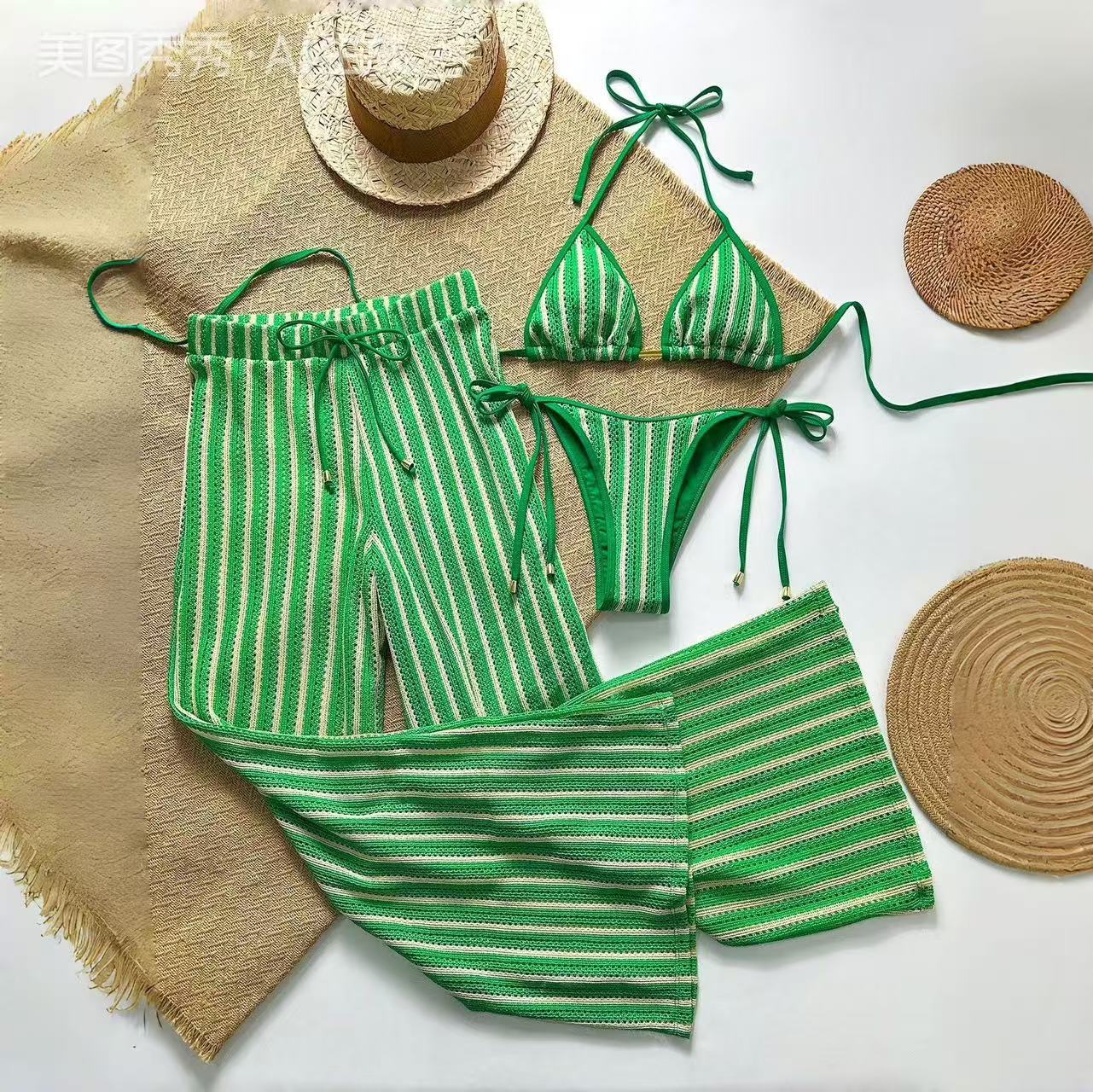 Bikini women's split trousers swimsuit three-piece set popular sexy striped printed swimsuit