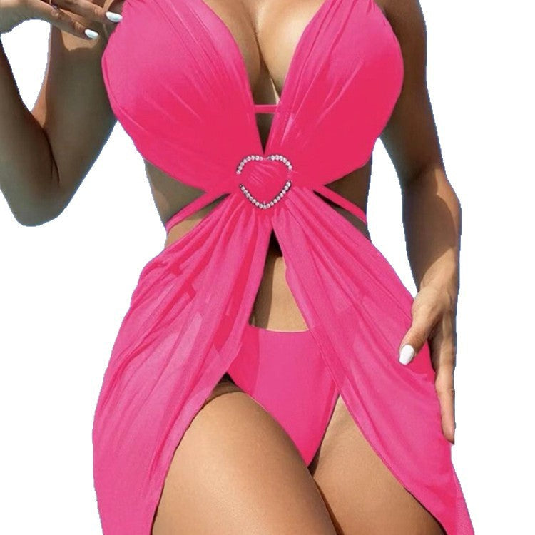 Solid Color Hollow Out Halter Bikini Three Pieces Swimsuit Women's Bikini Swimwear