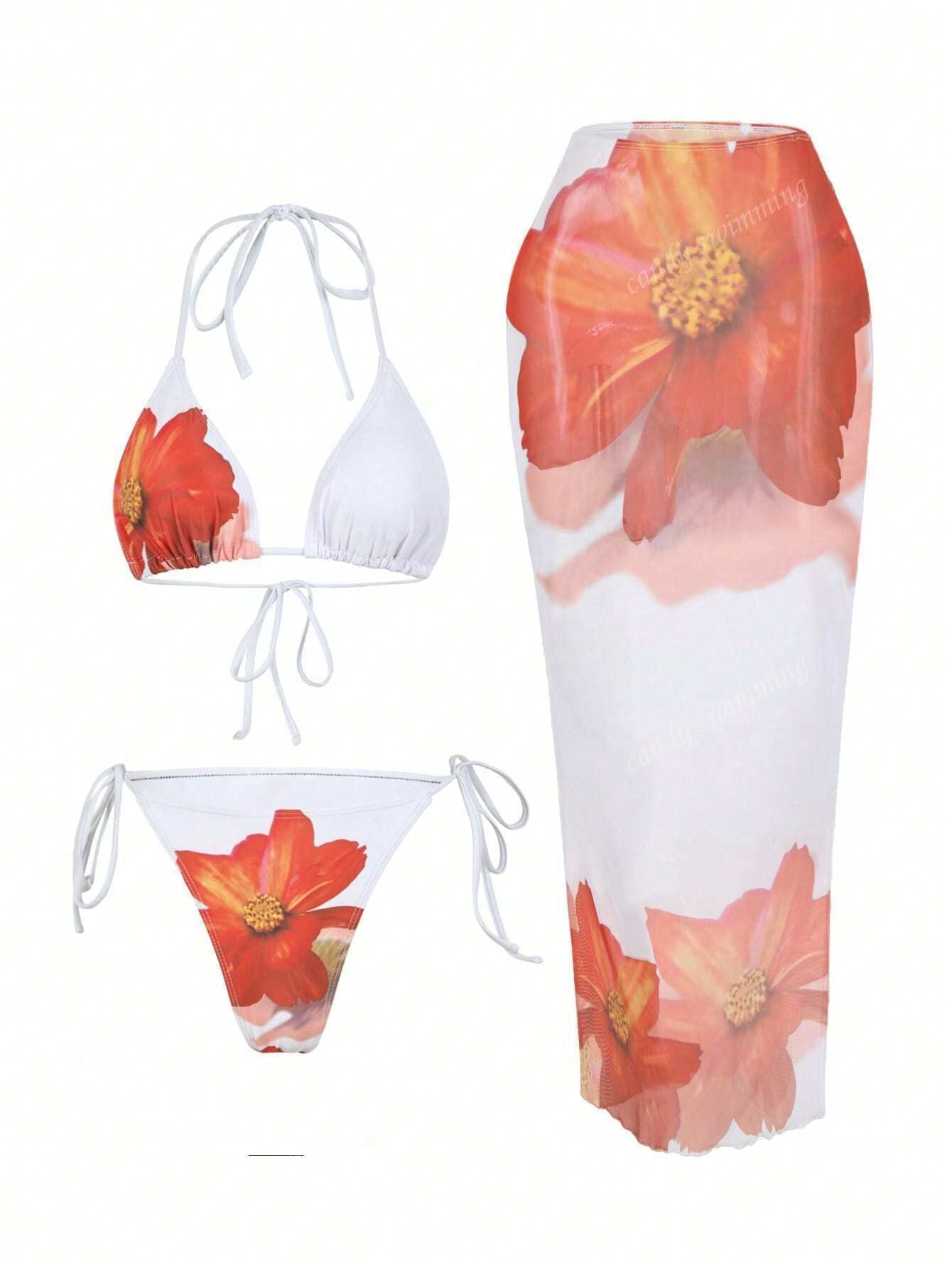 Apron Three Piece Bikini Vintage Print Long Skirt Swimsuit Women's Swimwear