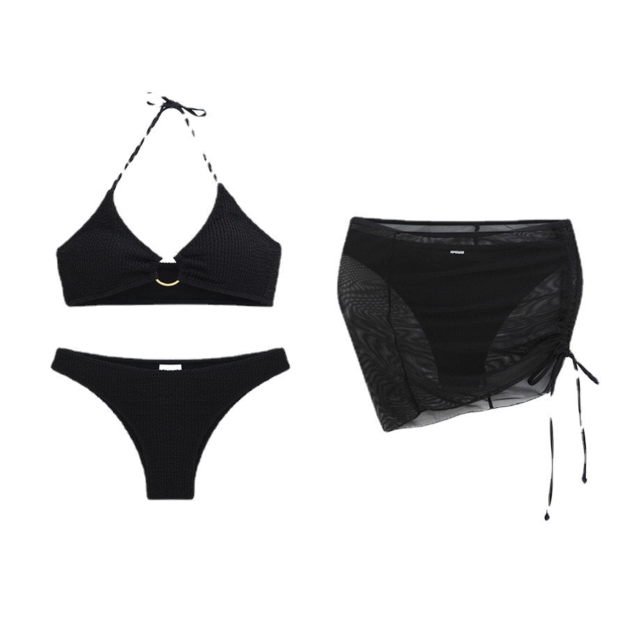 Women's Two-Piece Swimsuit Slim Solid Color Sexy Bikini Halter Three-Piece Set