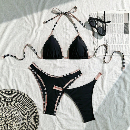 Plaid Trim Black Bikini Three Piece Swimsuit Separate Set Bikini Swimsuit Three Piece