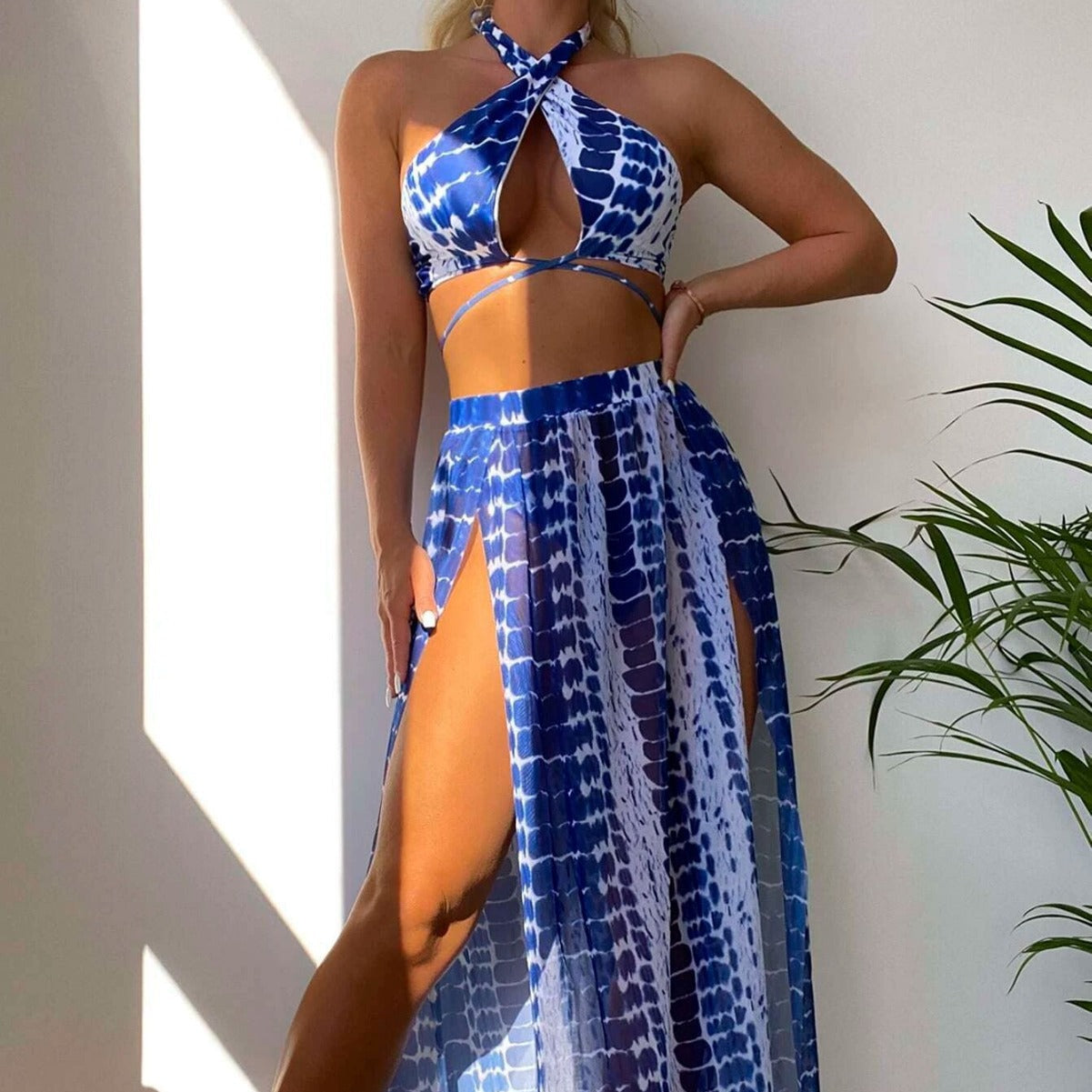 Sexy Printed Two Piece Swimsuit for Women with Split Bikini Three Piece Set
