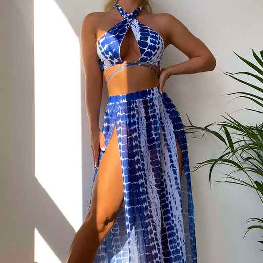 Sexy Printed Two Piece Swimsuit for Women with Split Bikini Three Piece Set