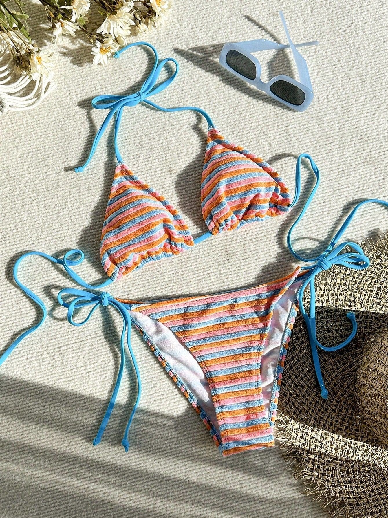 Women's Jacquard Striped Colorful Tie Side Separate Three Piece Bikini Swimsuit Set