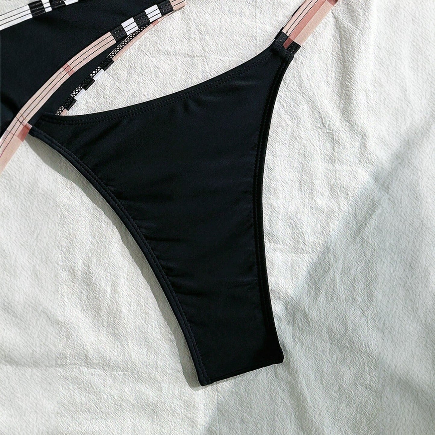 Plaid Trim Black Bikini Three Piece Swimsuit Separate Set Bikini Swimsuit Three Piece