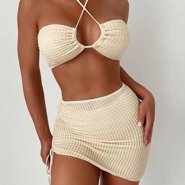 Solid Color Halter Neck Sexy Swimsuit Skirt Three Piece Separate Bikini Swimwear