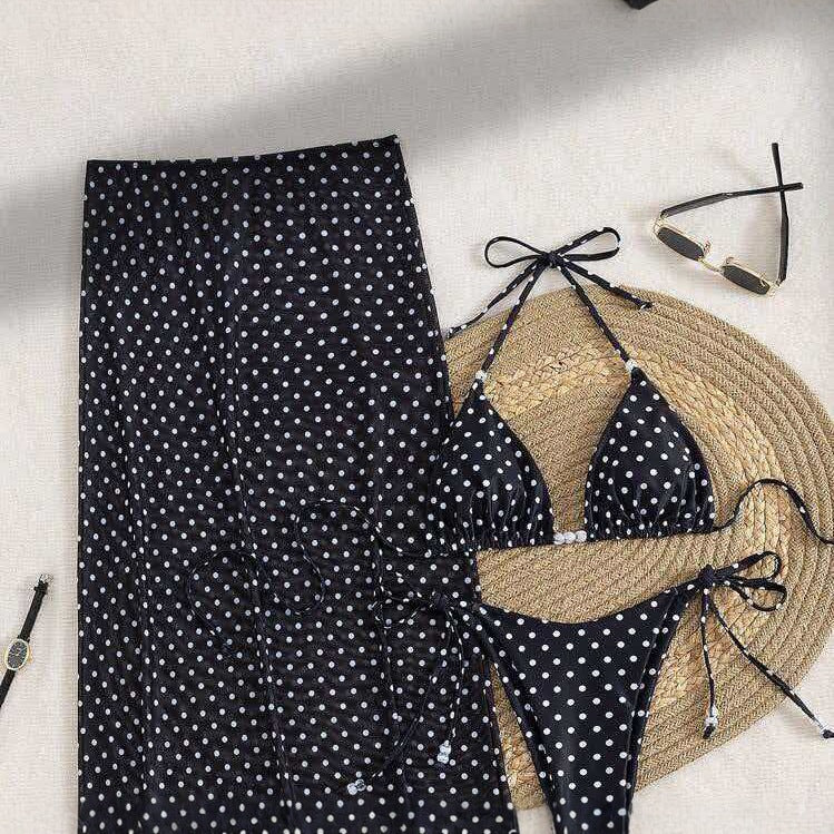 Sexy Tie Bikini Three Piece Swimsuit Polka Dot Accessories Sports Style