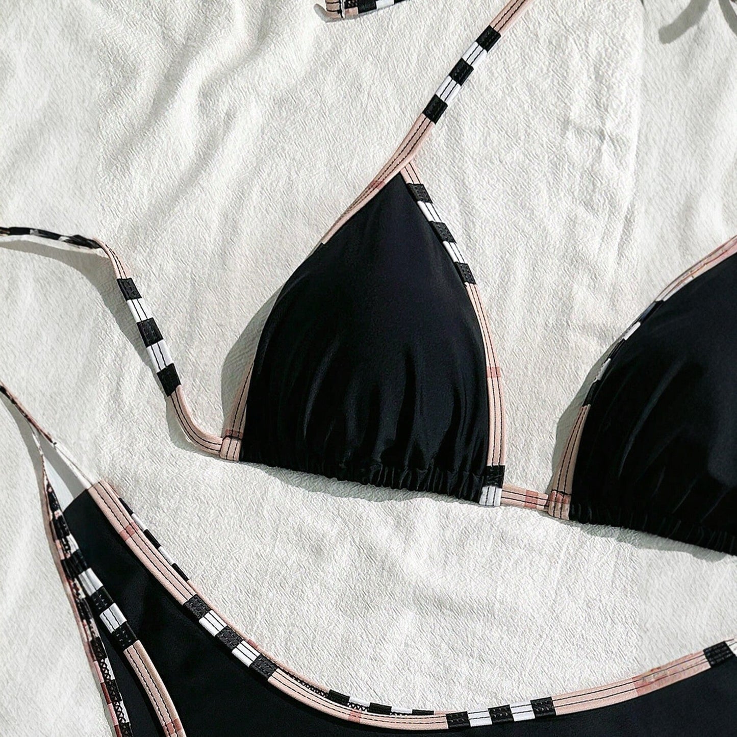 Plaid Trim Black Bikini Three Piece Swimsuit Separate Set Bikini Swimsuit Three Piece