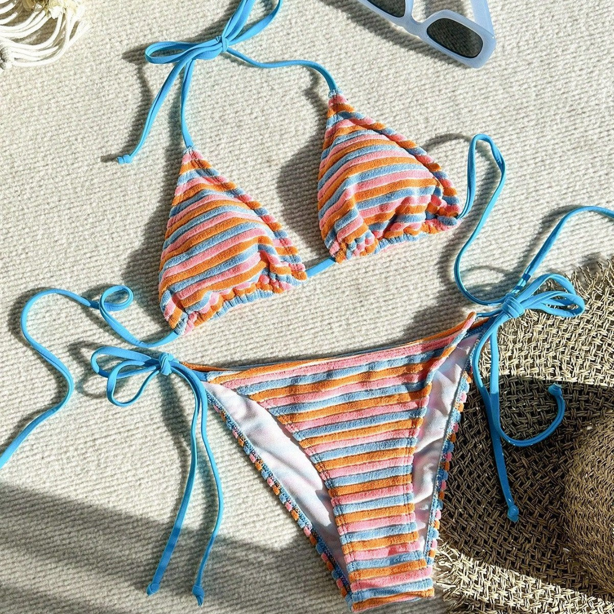 Women's Jacquard Striped Colorful Tie Side Separate Three Piece Bikini Swimsuit Set