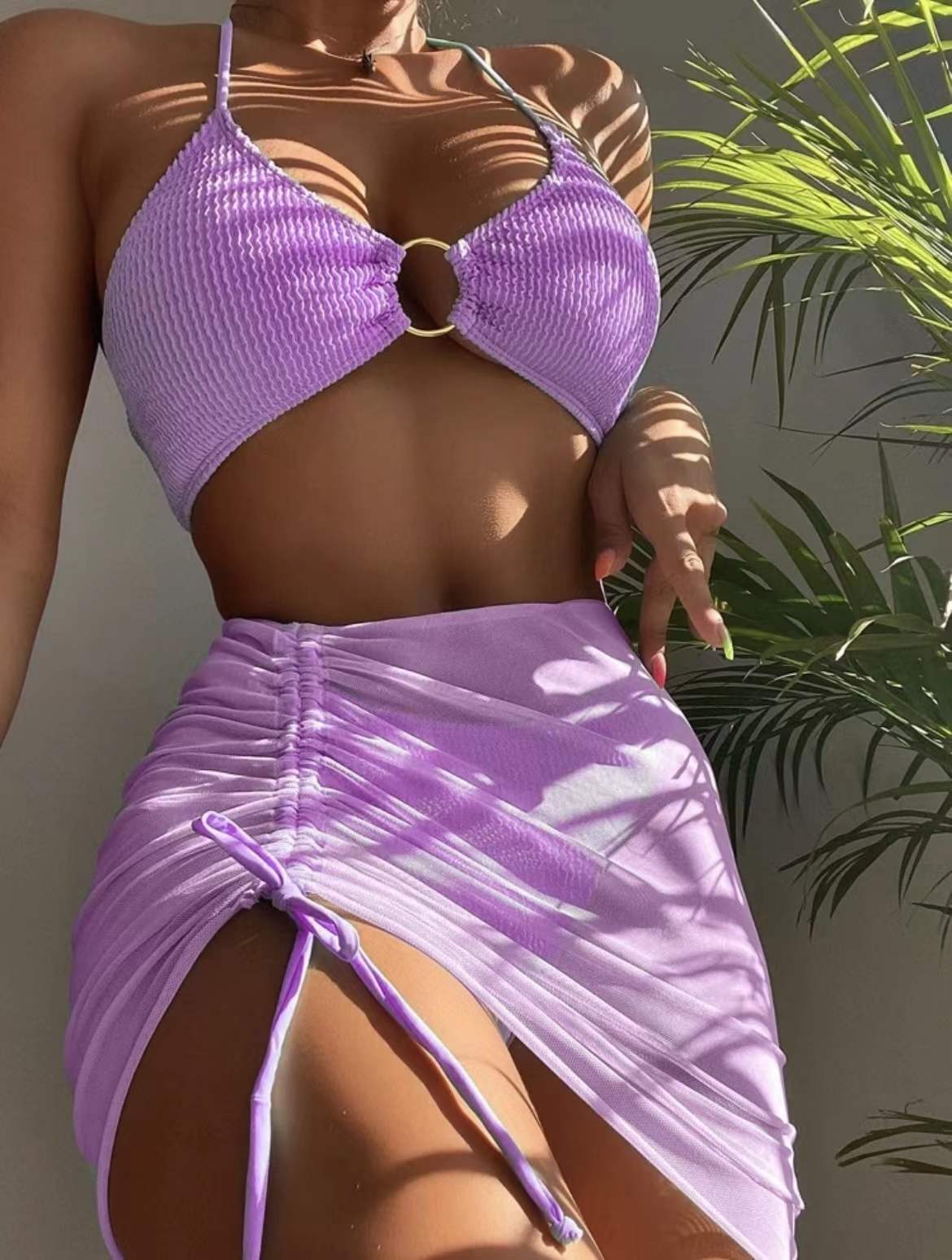 Women's Two-Piece Swimsuit Slim Solid Color Sexy Bikini Halter Three-Piece Set