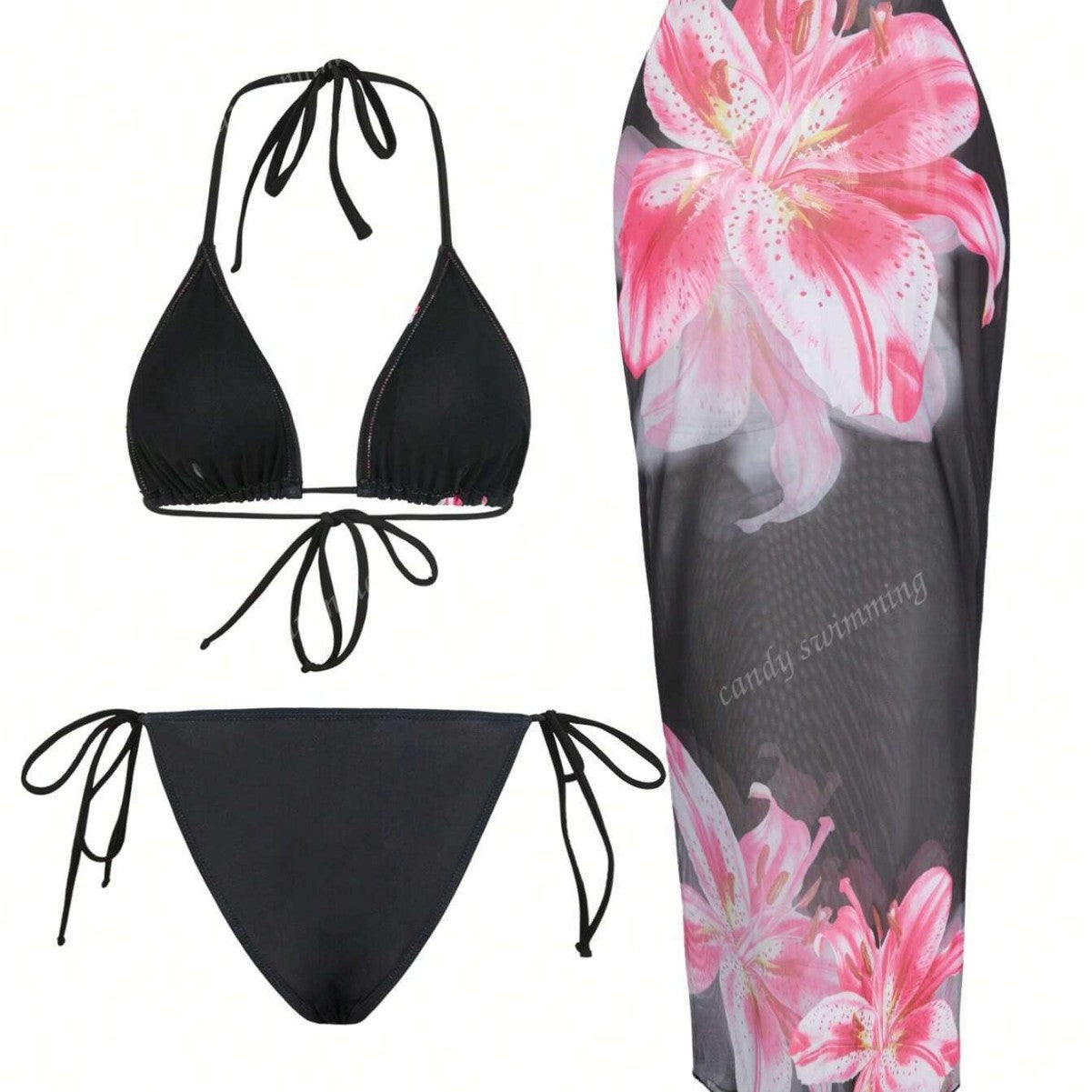 Apron Three Piece Bikini Vintage Print Long Skirt Swimsuit Women's Swimwear