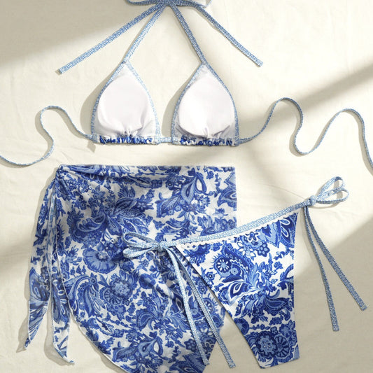 Apron Three Piece Bikini Vintage Print Tie Swimsuit Women's Swimwear