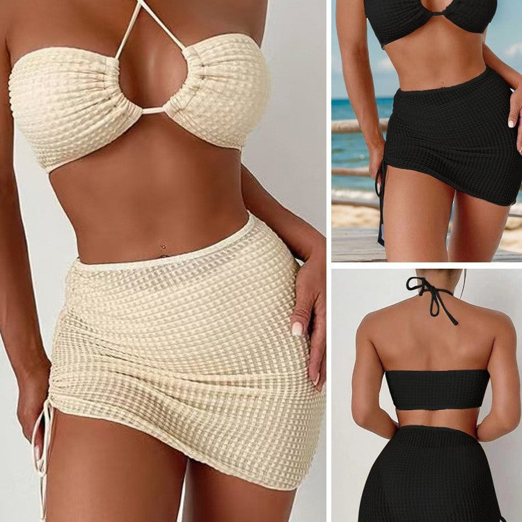 Solid Color Halter Neck Sexy Swimsuit Skirt Three Piece Separate Bikini Swimwear