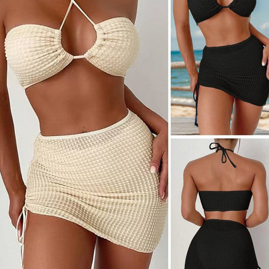 Solid Color Halter Neck Sexy Swimsuit Skirt Three Piece Separate Bikini Swimwear