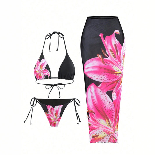 Bikini Cover Up Sexy Lily Printed Swimsuit Three Piece Set
