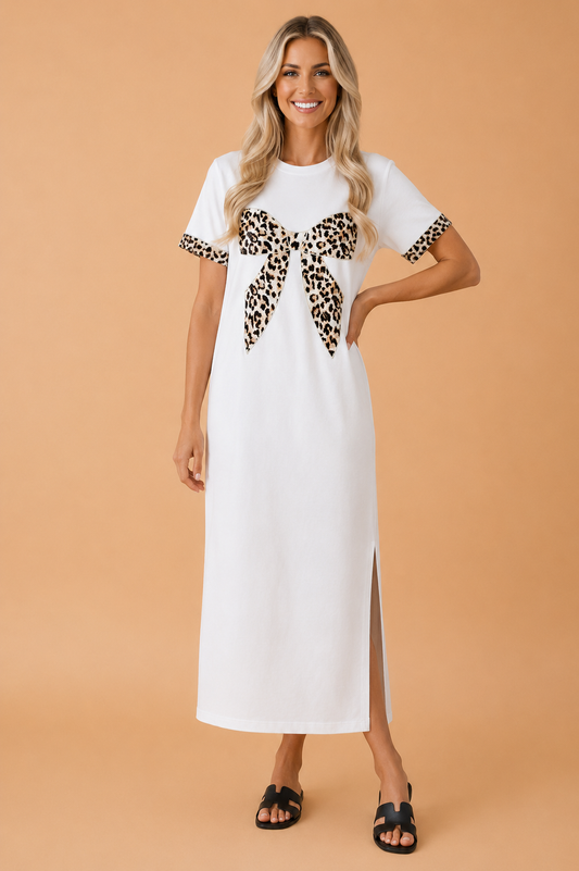 Leopard Bow Patched Short Sleeve T-Shirt Long Dress