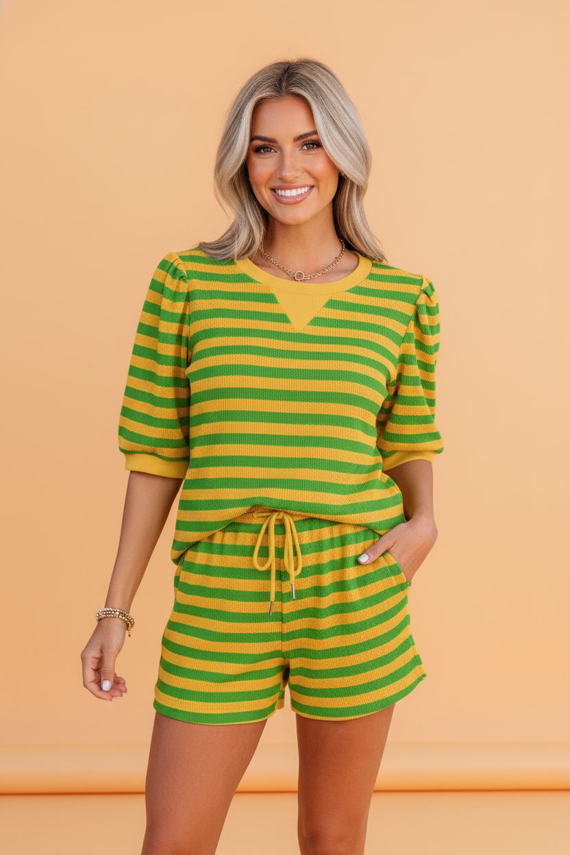 Stripe Puff Sleeve T-Shirt & Drawstring Shorts Set