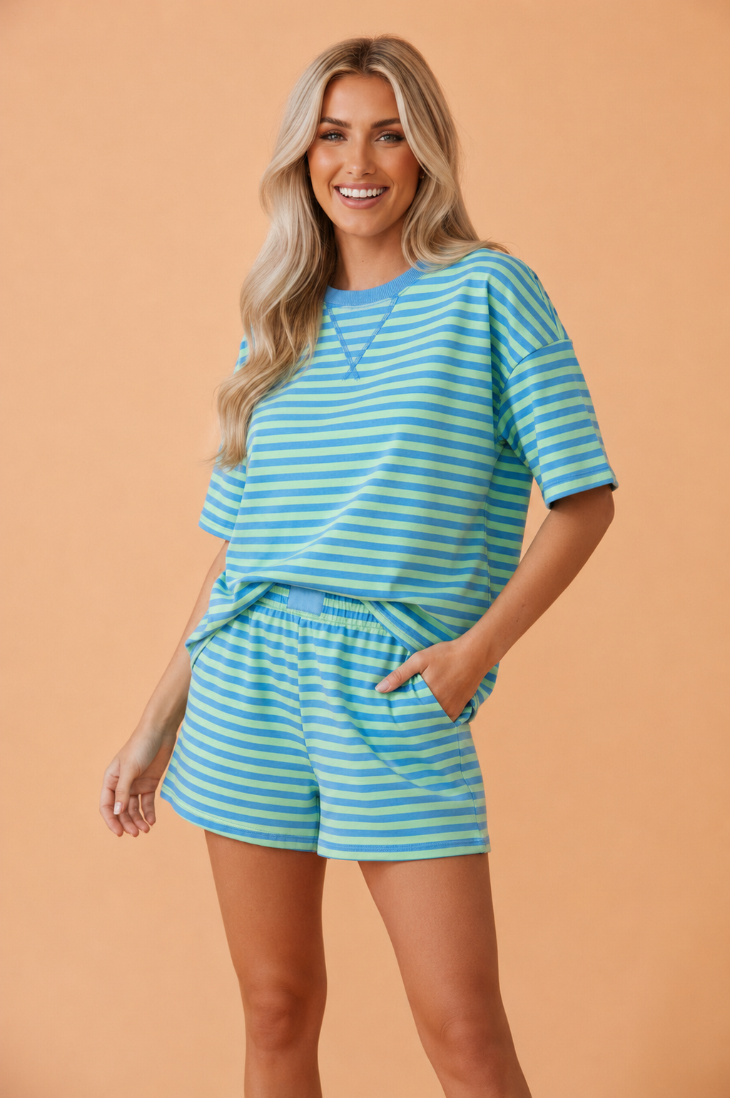 Stripe Top & Elastic Waist Shorts Set