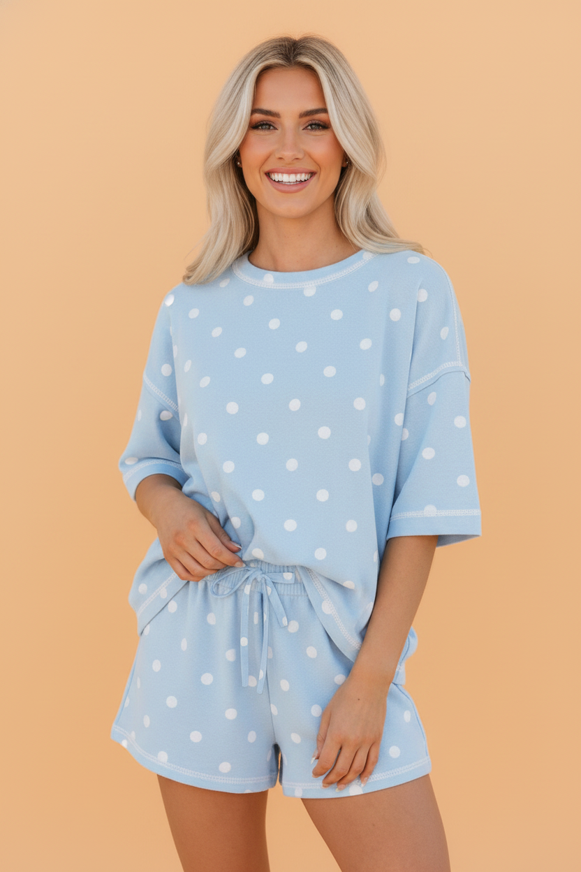 Polka Dot Loose Tee & Drawstring Shorts Set