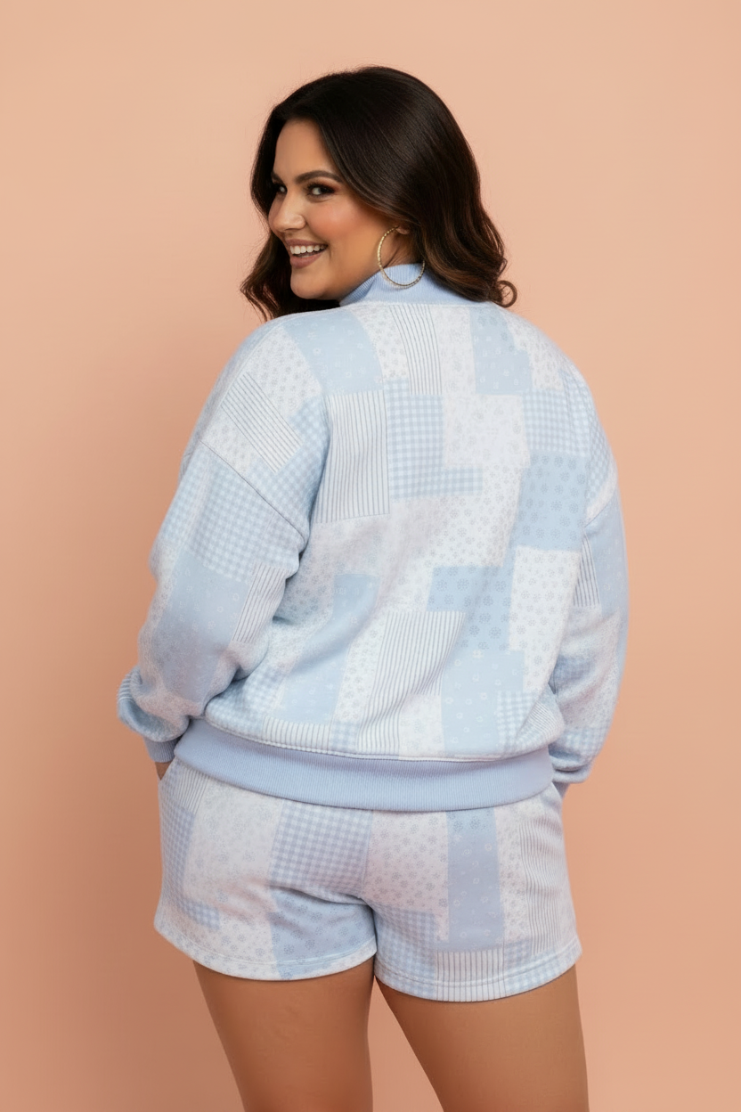 Plus Size Floral Patchwork Pullover and Shorts Set