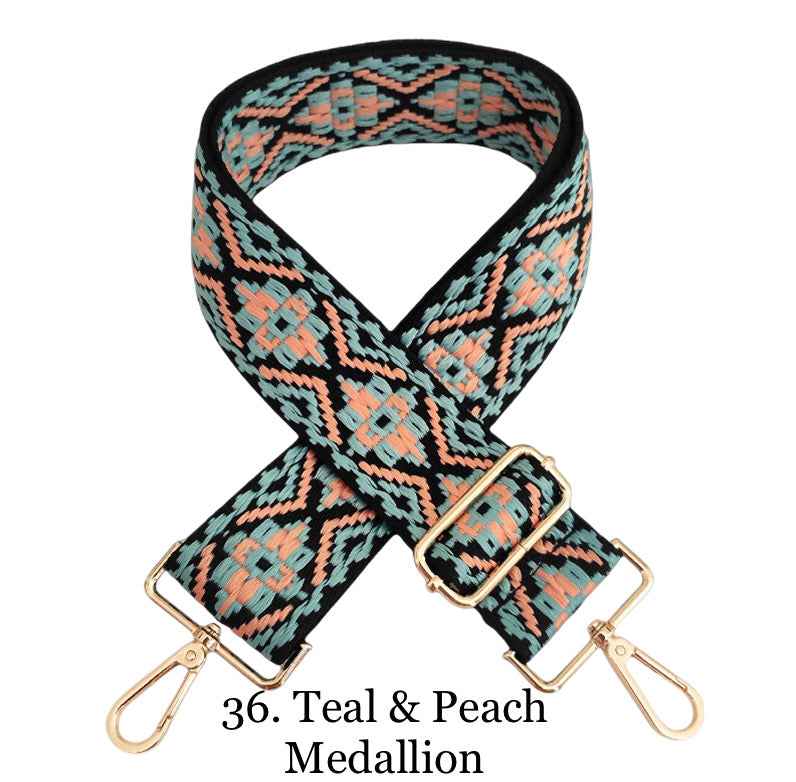 The Sailor | Zippered Crossbody Bag (Black) - Pick Your Strap 36. Teal & Peach Medallion