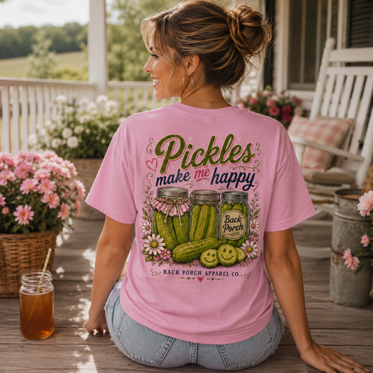 Pickles Make Me Happy T-Shirt | Funny Pickle Lover Graphic Tee | Women's Soft Ring Spun Cotton Shirt