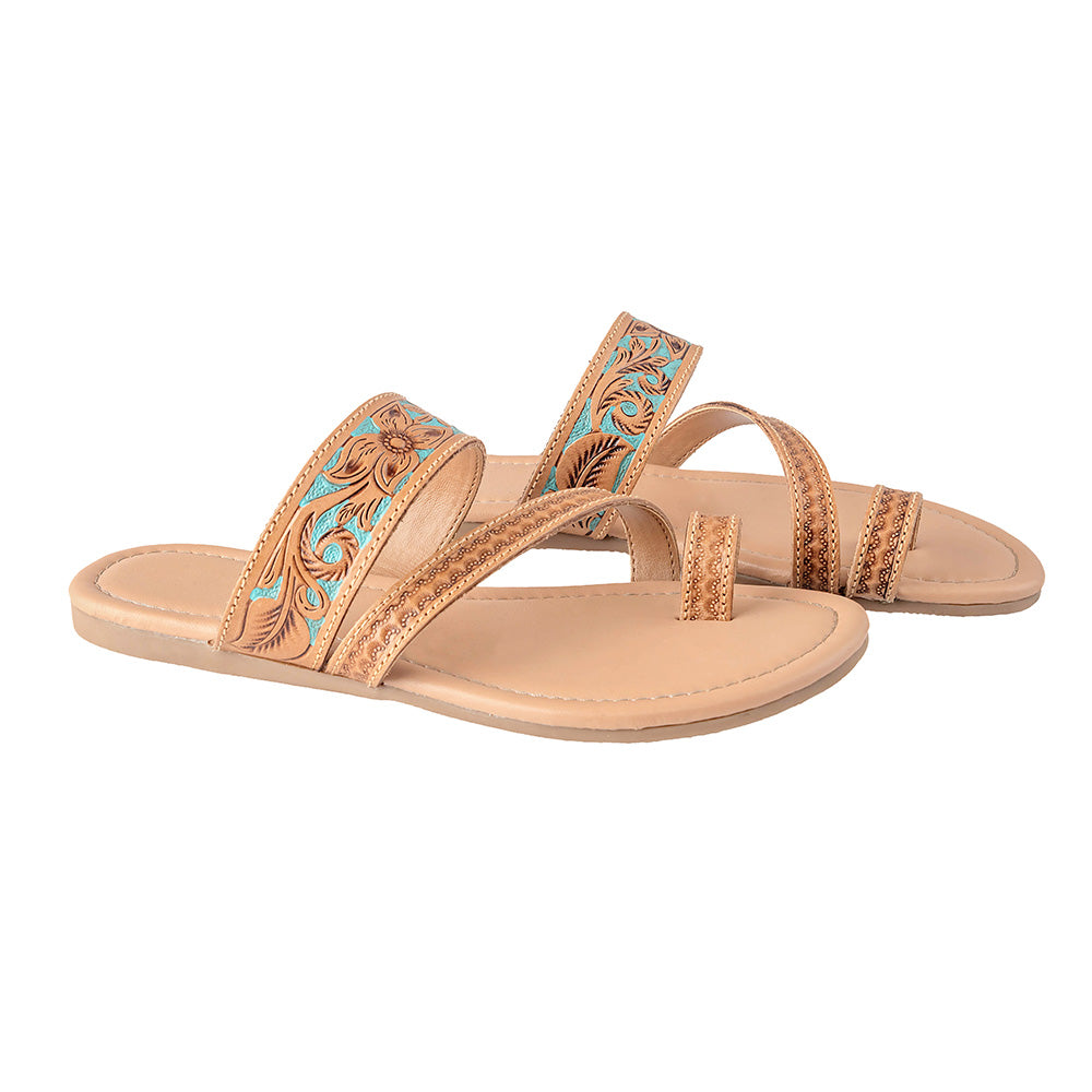 Myra Lannie Mae Handtooled Leather Slides for Women – Handstitched, Toe-Loop Slippers for Everyday Summer Comfort