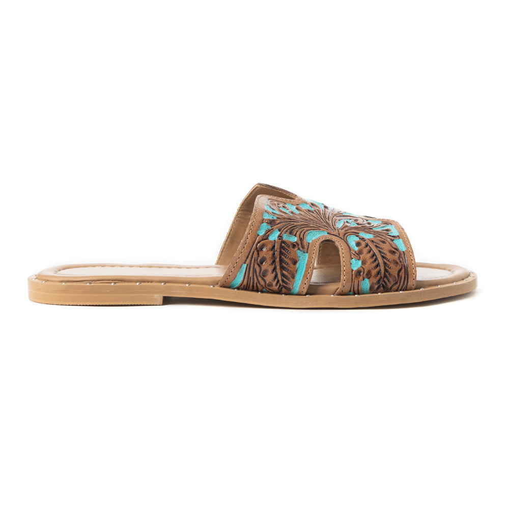 Myra Carmina Blue Embossed Leather Slip-On Sandals for Women â€“ Western H-Cut Slides with Studded Trim